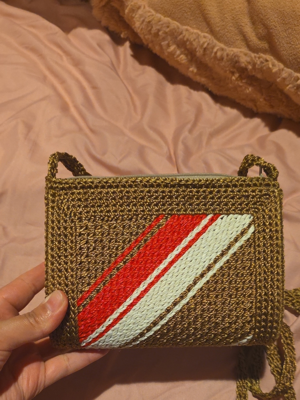 Woven Straw Crossbody Bag with Red and Cream Stripe